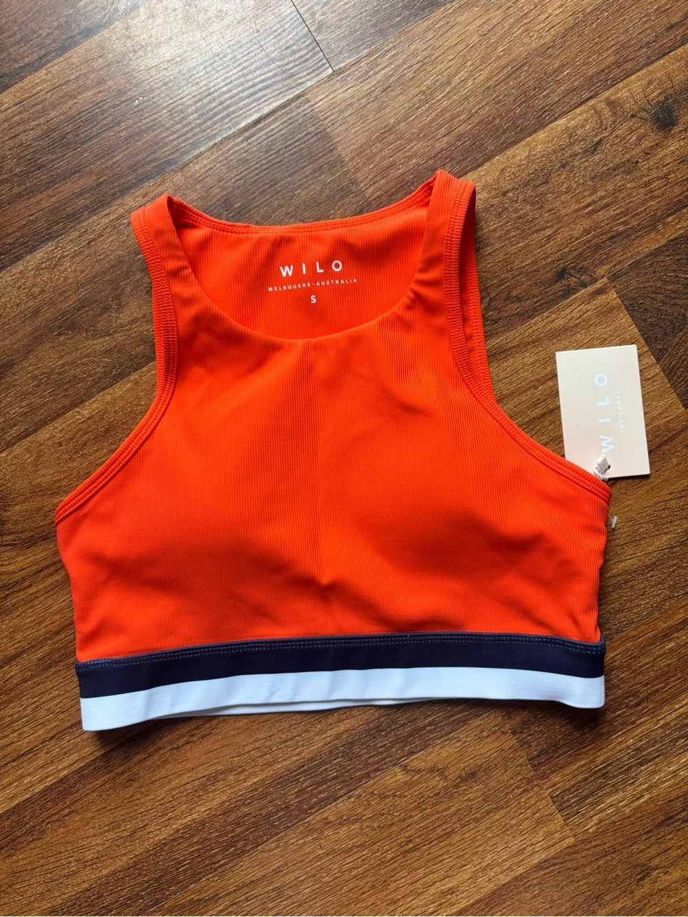 NWT Wilo Contra Sports Bra Bright Orange Navy White Size Small NEW